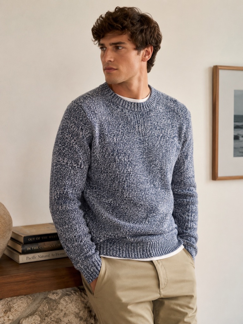 J. Crew Rugged Merino Wool Blend Blue White Marled Crewneck Sweater XL